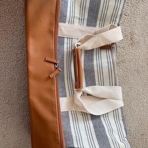 Striped Canvas and Faux Leather Tote Bag